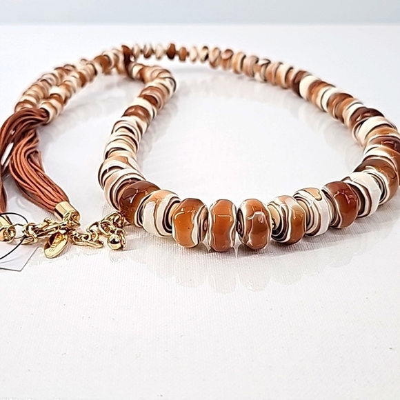 Chico's Long Rustic Stone Statement Necklace w Faux Leather Fringe & Gold Chain - Picture 13 of 13